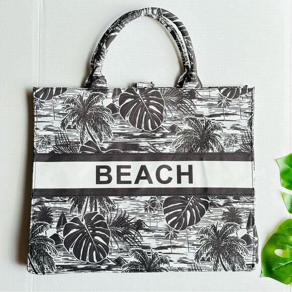 London Fog Beach Canvas Tote Bag - Black & White Tropical Palm NEW Ltd Edition - Picture 5 of 12